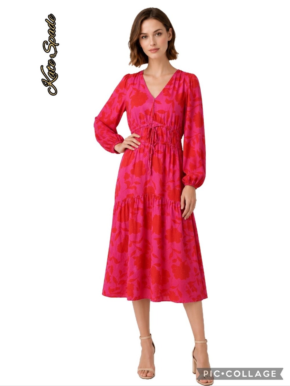 Kate Spade Pink/Red Floral Linen Gathered Dress, Front Ties, Pockets, 3/4 Sleeve